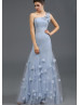 One Shoulder Blue Chiffon Tulle Chic Evening Dress